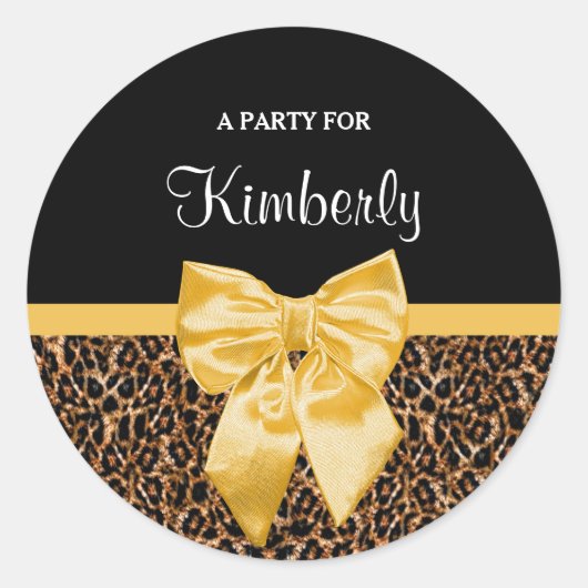 Stijlvolle luipaard Afdrukken Elegant Geel Bow en Ronde Sticker (Voorkant)