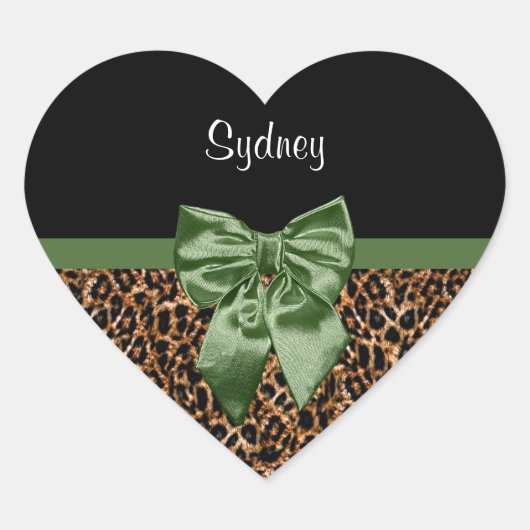 Stijlvolle luipaard Afdrukken Elegant Green Bow en Hart Sticker (Voorkant)