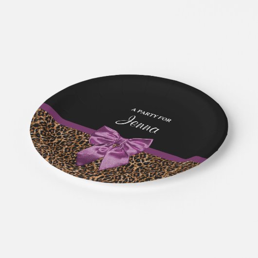 Stijlvolle luipaard Afdrukken Elegant Paars Bow en Papieren Bordje (Gekanteld)