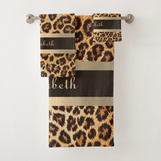 Stijlvolle Luipaard Patroon Bruin en Gouden Streep Bad Handdoek (Insitu)