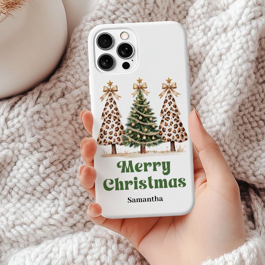 Stijlvolle luipaardprint kerstbomen gepersonalisee Case-Mate iPhone case