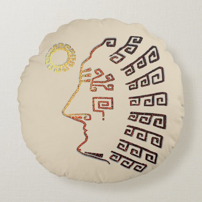 Stijlvolle Machu Picchu Silhouet op Beige Rond Kussen (Voorkant)
