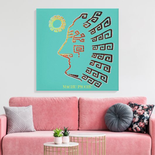 Stijlvolle Machu_Picchu Tekening op Blauwgroen Canvas Afdruk (Insitu (Woonkamer))
