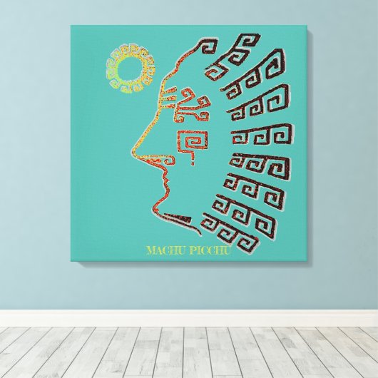 Stijlvolle Machu_Picchu Tekening op Blauwgroen Canvas Afdruk (Insitu (Houten vloer))