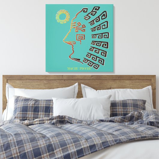 Stijlvolle Machu_Picchu Tekening op Blauwgroen Canvas Afdruk (Insitu (Slaapkamer))