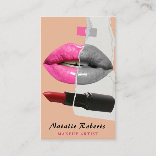 Stijlvolle make-up artiest collage foto lip roze r visitekaartje (Voorkant)