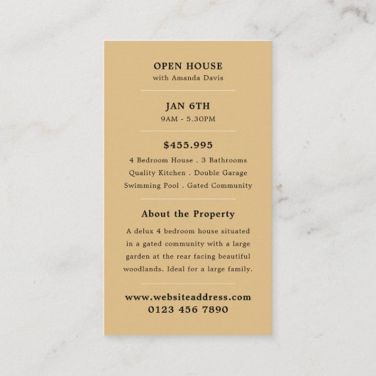 Stijlvolle makelaar open huis Adverteren Kaarten Visitekaartje (Achterkant)