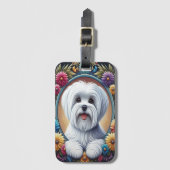 Stijlvolle Maltese Hond Bloemen Kleurrijke Rand Bagagelabel (Voorkant (verticaal))