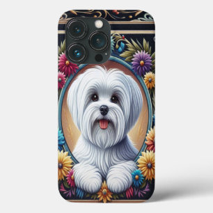 Stijlvolle Maltese Hond Bloemen Kleurrijke Rand Case-Mate iPhone Case