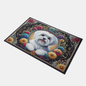 Stijlvolle Maltese Hond Bloemen Kleurrijke Rand Deurmat (Schuin)