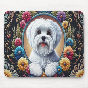 Stijlvolle Maltese Hond Bloemen Kleurrijke Rand Muismat