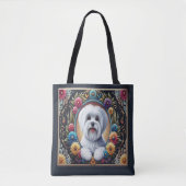 Stijlvolle Maltese Hond Bloemen Kleurrijke Rand Tote Bag (Voorkant)
