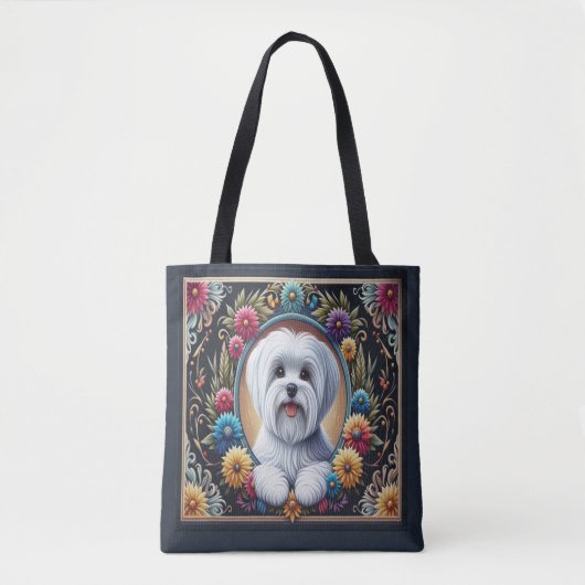 Stijlvolle Maltese Hond Bloemen Kleurrijke Rand Tote Bag (Voorkant)