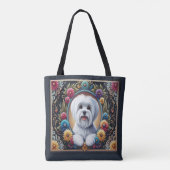 Stijlvolle Maltese Hond Bloemen Kleurrijke Rand Tote Bag (Achterkant)