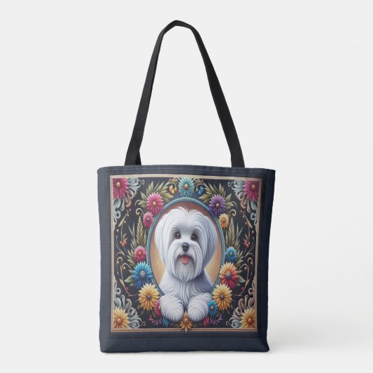 Stijlvolle Maltese Hond Bloemen Kleurrijke Rand Tote Bag (Achterkant)