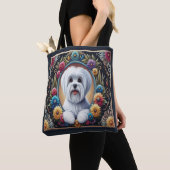 Stijlvolle Maltese Hond Bloemen Kleurrijke Rand Tote Bag (Dichtbij)