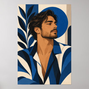 Stijlvolle man in blauwe geometrische moderne wand poster