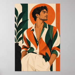 Stijlvolle man in oranje en groene geometrische wa poster