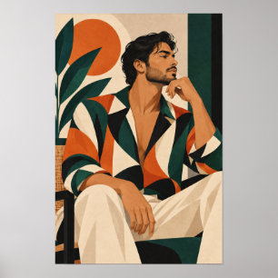 Stijlvolle man in oranje en groene moderne wandkun poster