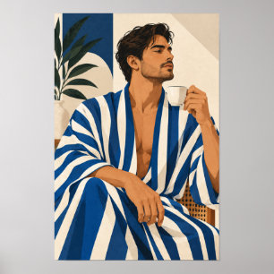 Stijlvolle man met koffie Blauwe gestreepte modern Poster