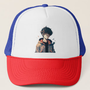 Stijlvolle manga-jongen in bruine jas trucker pet