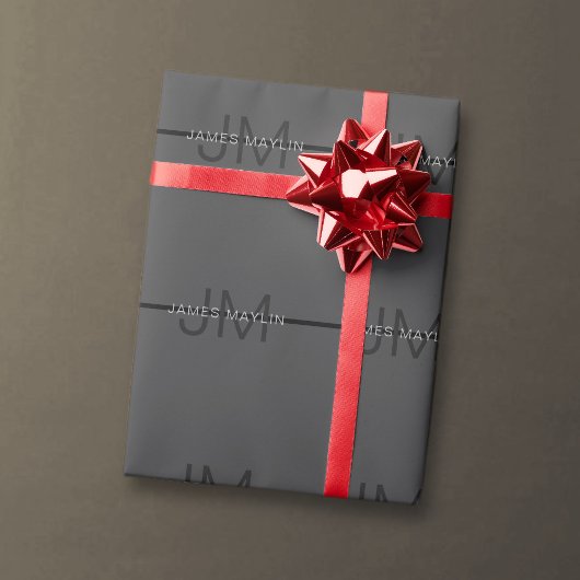 Stijlvolle mannelijke donkergrijze naam & monogram cadeaupapier