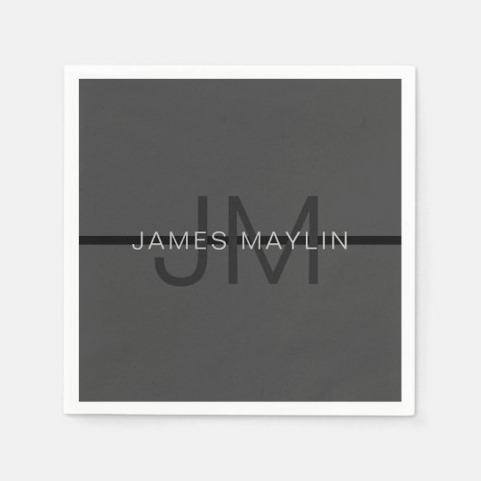 Stijlvolle Mannelijke Donkergrijze Naam & Monogram Servet (Voorkant)