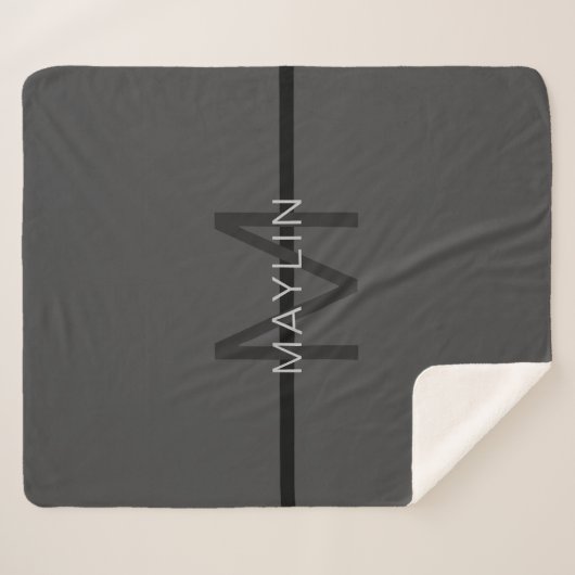 Stijlvolle Mannelijke Donkergrijze Naam & Monogram Sherpa Deken (Voorkant (horizontaal))