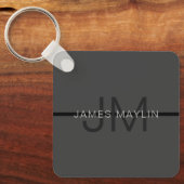 Stijlvolle Mannelijke Donkergrijze Naam & Monogram Sleutelhanger (Voorkant)