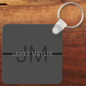 Stijlvolle Mannelijke Donkergrijze Naam & Monogram Sleutelhanger (Achterkant)