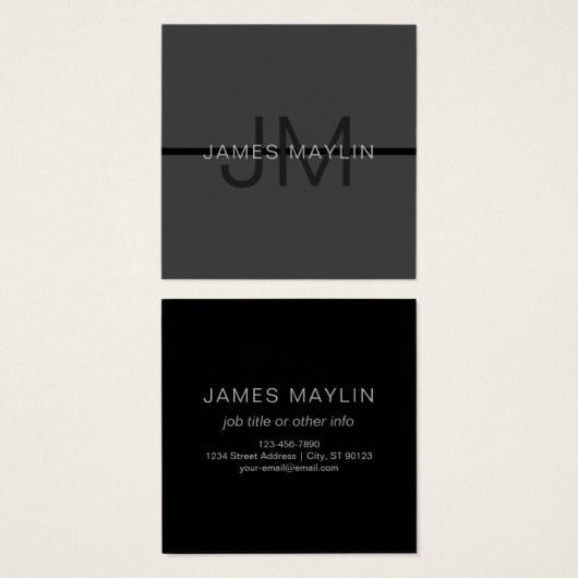 Stijlvolle Mannelijke Donkergrijze Naam & Monogram Vierkante Visitekaartjes (Voorkant /achterkant)