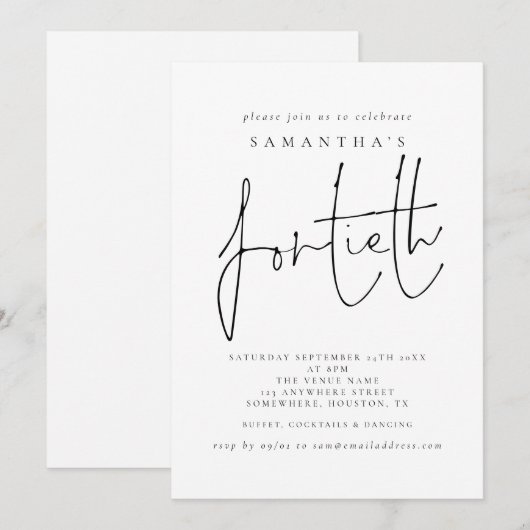Stijlvolle Manuscript Fortieth Birthday Party Kaart (Voorkant / Achterkant)