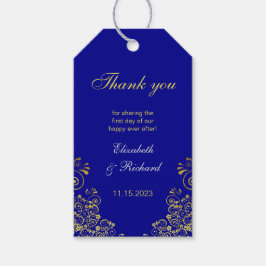 Stijlvolle marine blauw gouden script bruiloft dan cadeaulabel