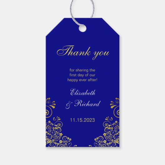 Stijlvolle marine blauw gouden script bruiloft dan cadeaulabel (Voorkant)
