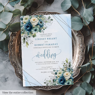 Stijlvolle Marine Blauw Zilveren Bloemen Huwelijks Kaart
