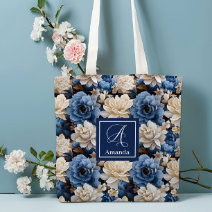 Stijlvolle marine bloemen aangepaste naam bloem ta tote bag