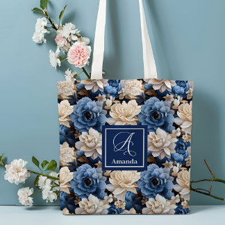 Stijlvolle marine bloemen aangepaste naam bloem ta tote bag