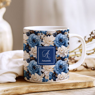 Stijlvolle marine bloemen aangepaste naam bloemrij koffiemok