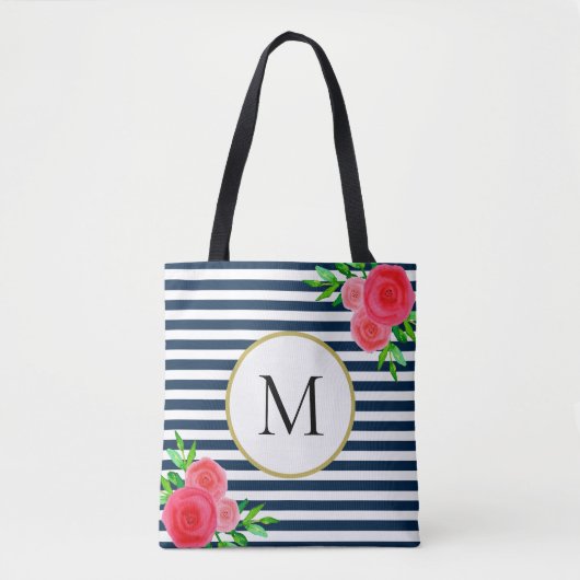 Stijlvolle marine wit gestreepte koraal bloemmonog tote bag (Voorkant)
