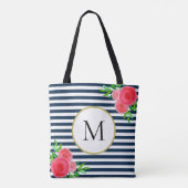 Stijlvolle marine wit gestreepte koraal bloemmonog tote bag (Achterkant)