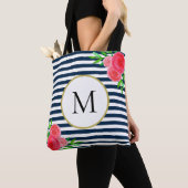 Stijlvolle marine wit gestreepte koraal bloemmonog tote bag (Dichtbij)