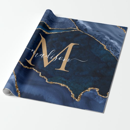 Stijlvolle marineblauw goud geode afbeelding monog cadeaupapier (Uitgerold)