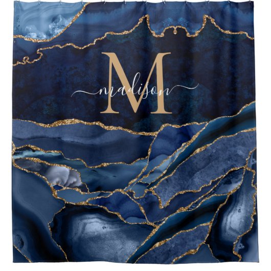 Stijlvolle marineblauw goud geode afbeelding monog douchegordijn (Voorkant)