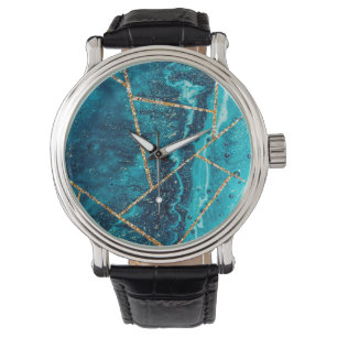 Stijlvolle marineblauw goud geode afbeelding monog horloge