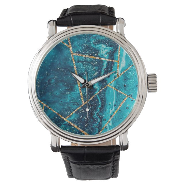 Stijlvolle marineblauw goud geode afbeelding monog horloge (Voorkant)