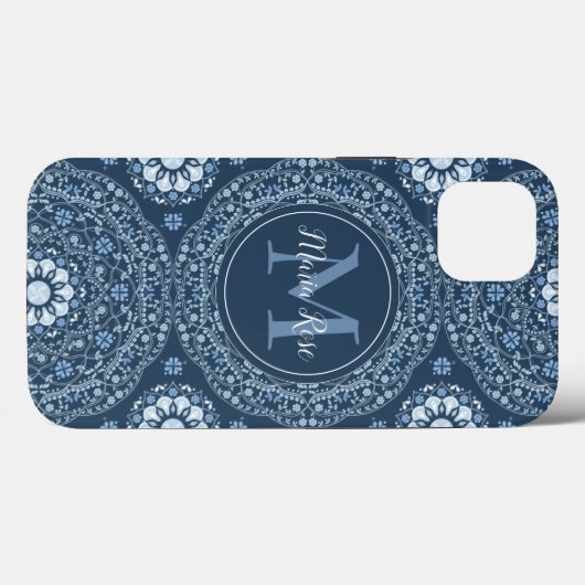 Stijlvolle marineblauw Mandala Modern Monogram Case-Mate iPhone Case (Achterkant (horizontaal))