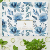Stijlvolle marineblauw Waterverf bloemen monogram Theedoek (Gevouwen)