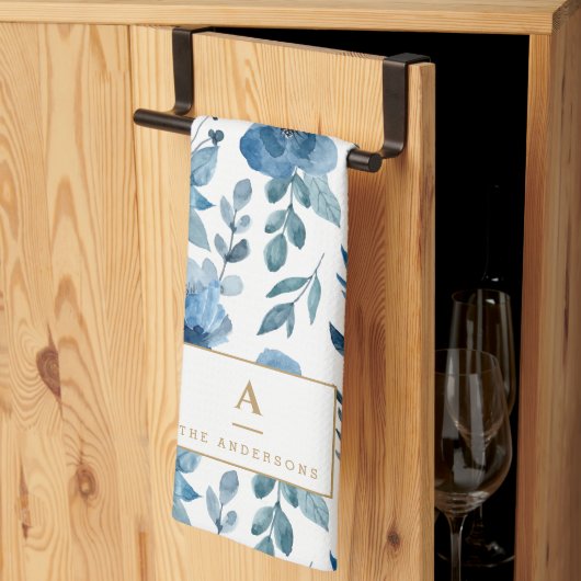 Stijlvolle marineblauw Waterverf bloemen monogram Theedoek (Derde Gevouwen)