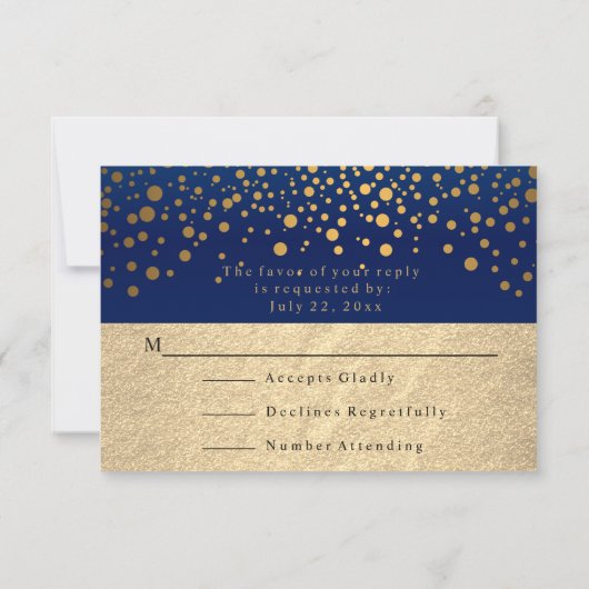 Stijlvolle marineblauwe en confetti gouden stippen RSVP kaartje (Achterkant)