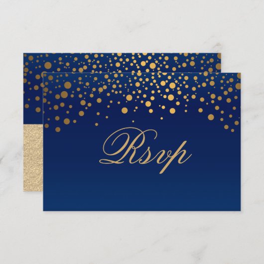 Stijlvolle marineblauwe en confetti gouden stippen RSVP kaartje (Voorkant / Achterkant)